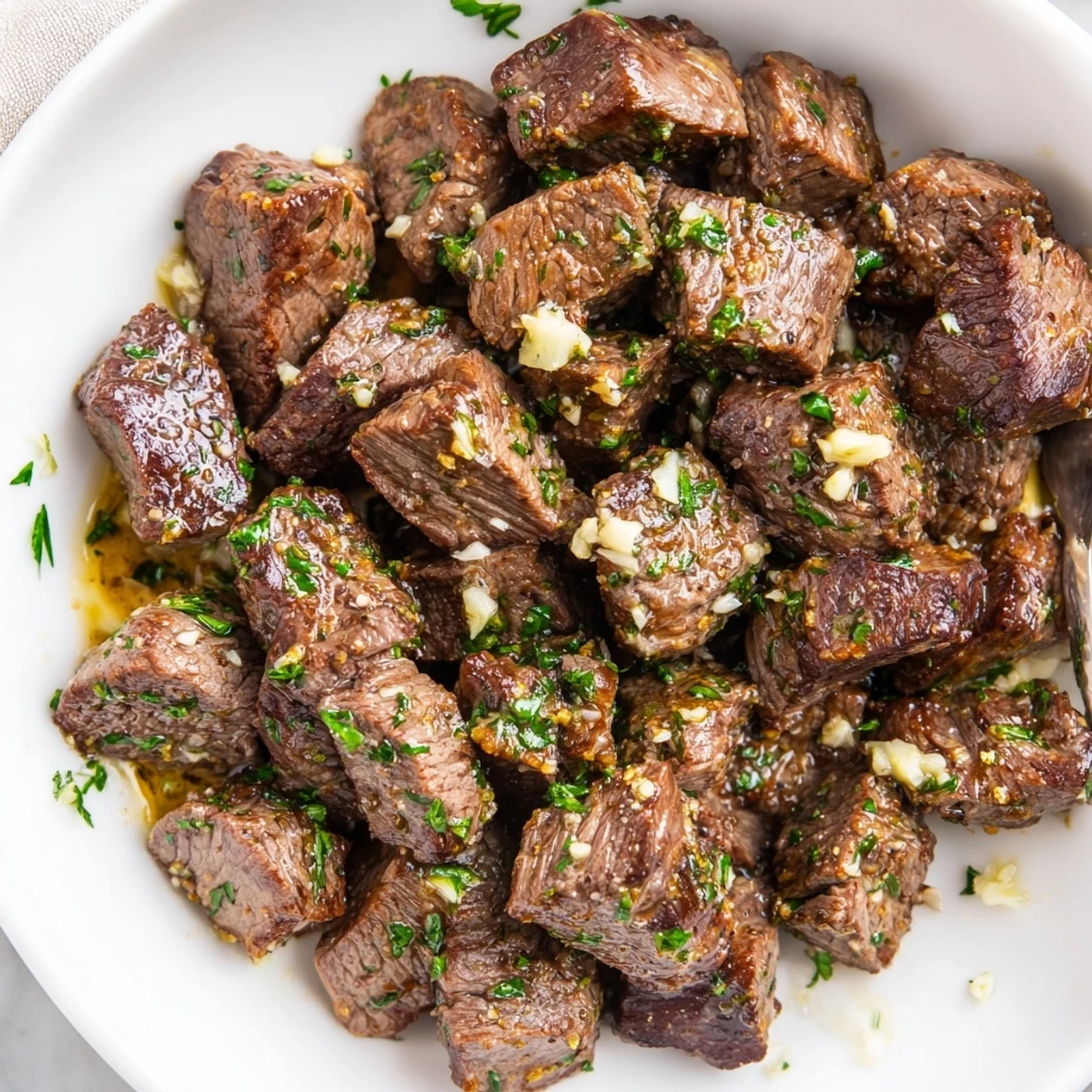 Plated Cowboy Butter Steak Bites topped with fresh parsley, lemon zest