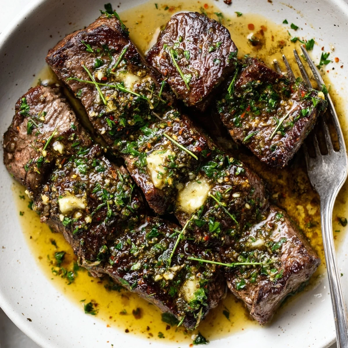 Garlicky Cowboy Butter Steak Bites piled on board, ready for sharing