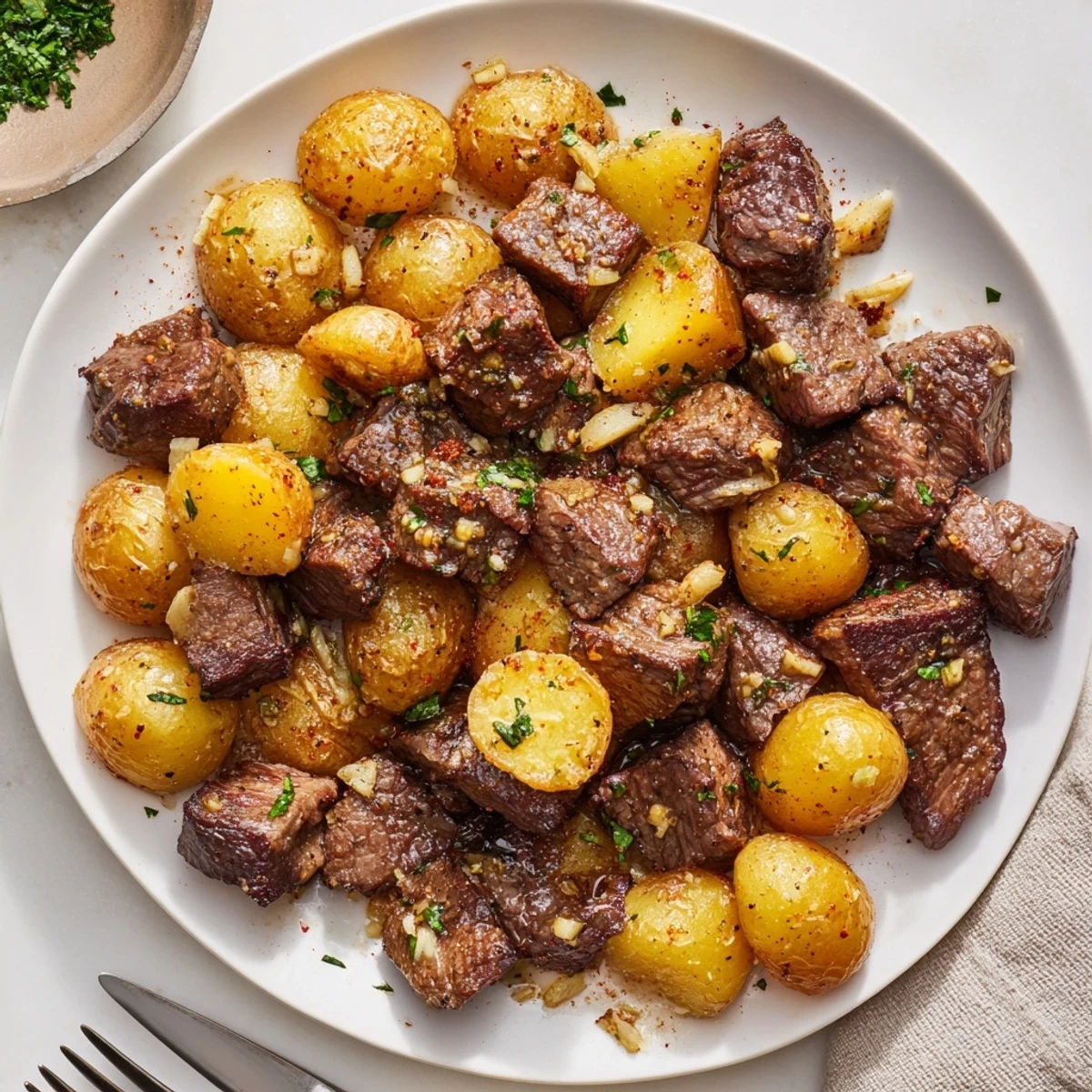 Garlic Steak Bites and Potatoes Recipe with sizzling seared steak and golden potatoes