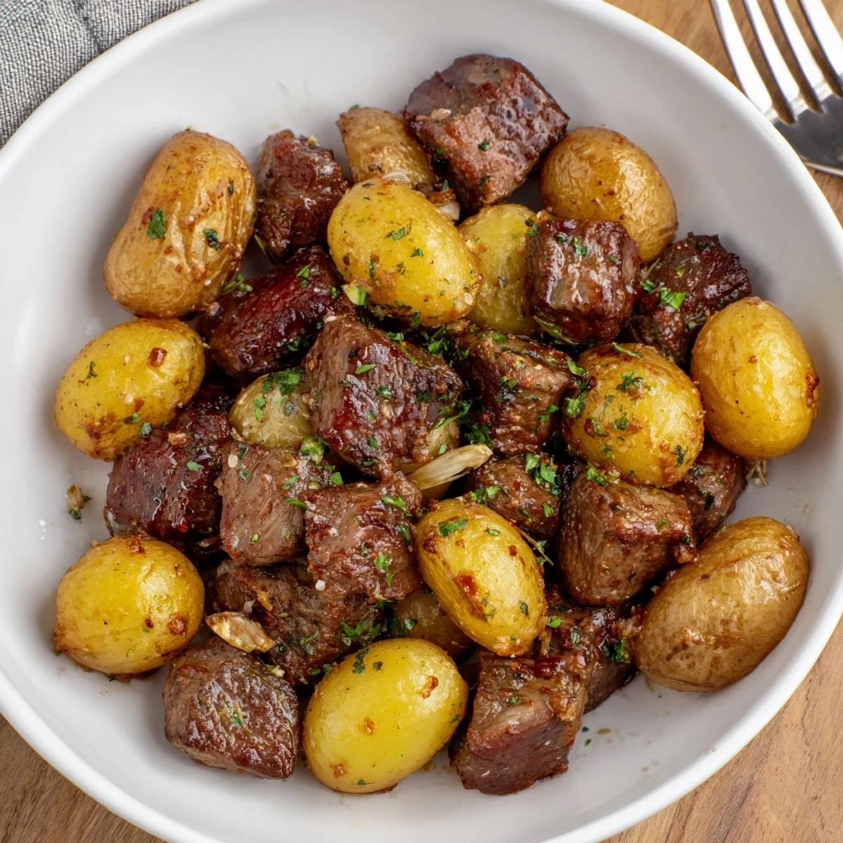 Garlic Steak Bites and Potatoes Recipe tossed in garlic butter, fragrant, ready for weeknights