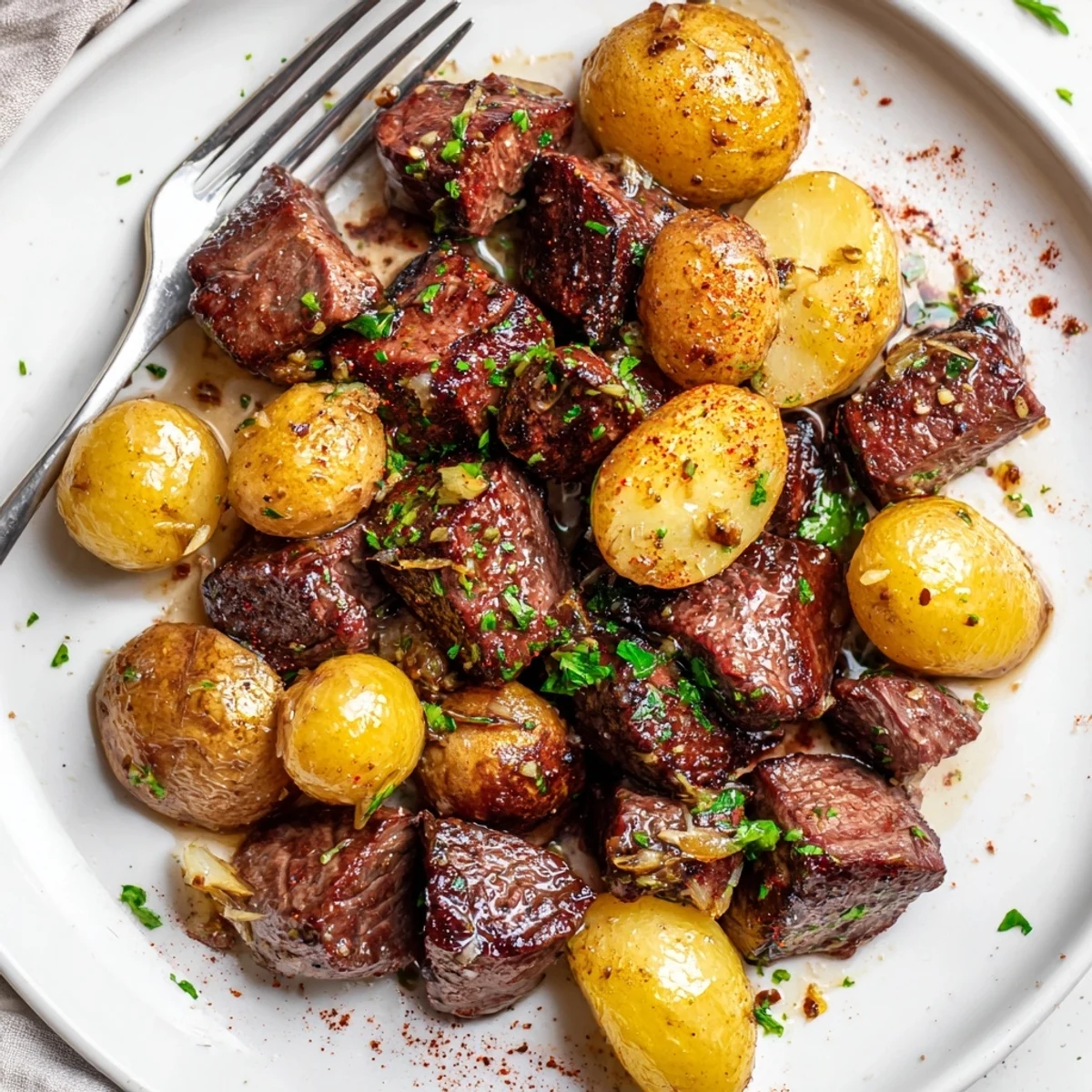 Garlic Steak Bites and Potatoes Recipe served hot from skillet, tender bites, crispy potatoes