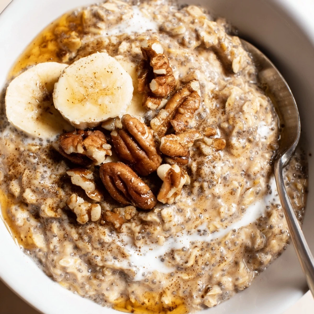 Creamy Brown Sugar Coffee Overnight Oats topped with banana and toasted pecans.