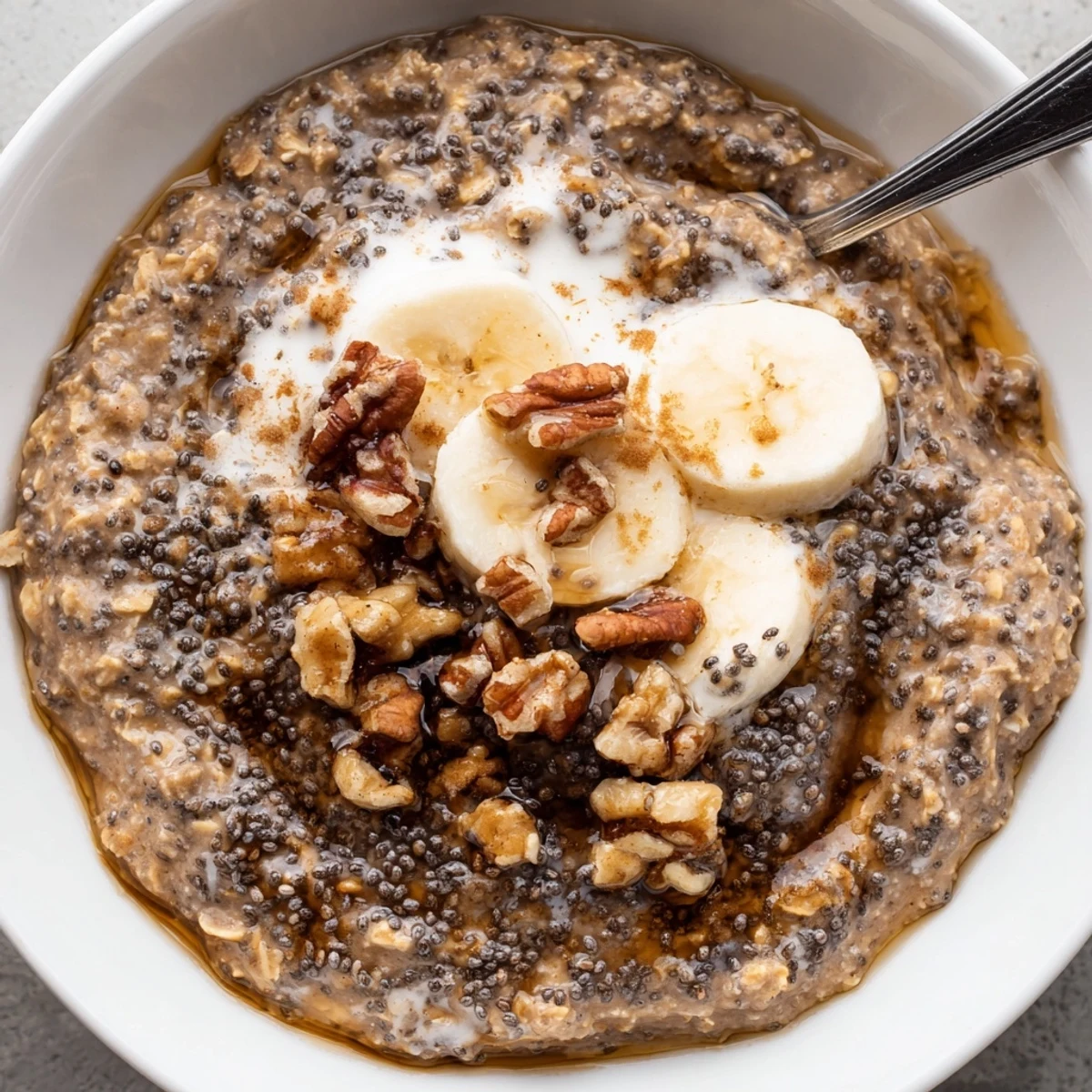 Jar of Brown Sugar Coffee Overnight Oats finished with chia seeds and maple.