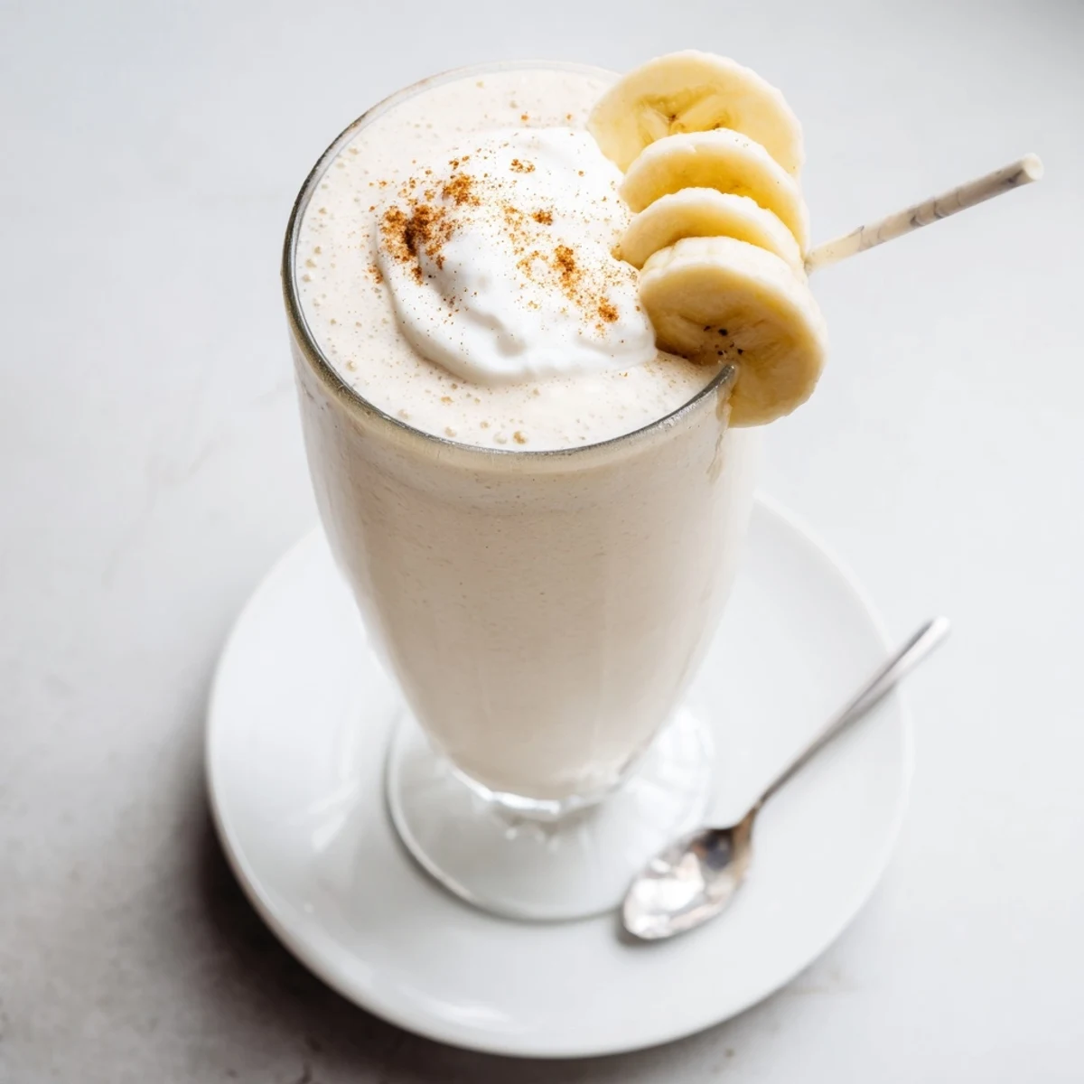 Creamy Vanilla Banana Shake topped with whipped cream and cinnamon dusting