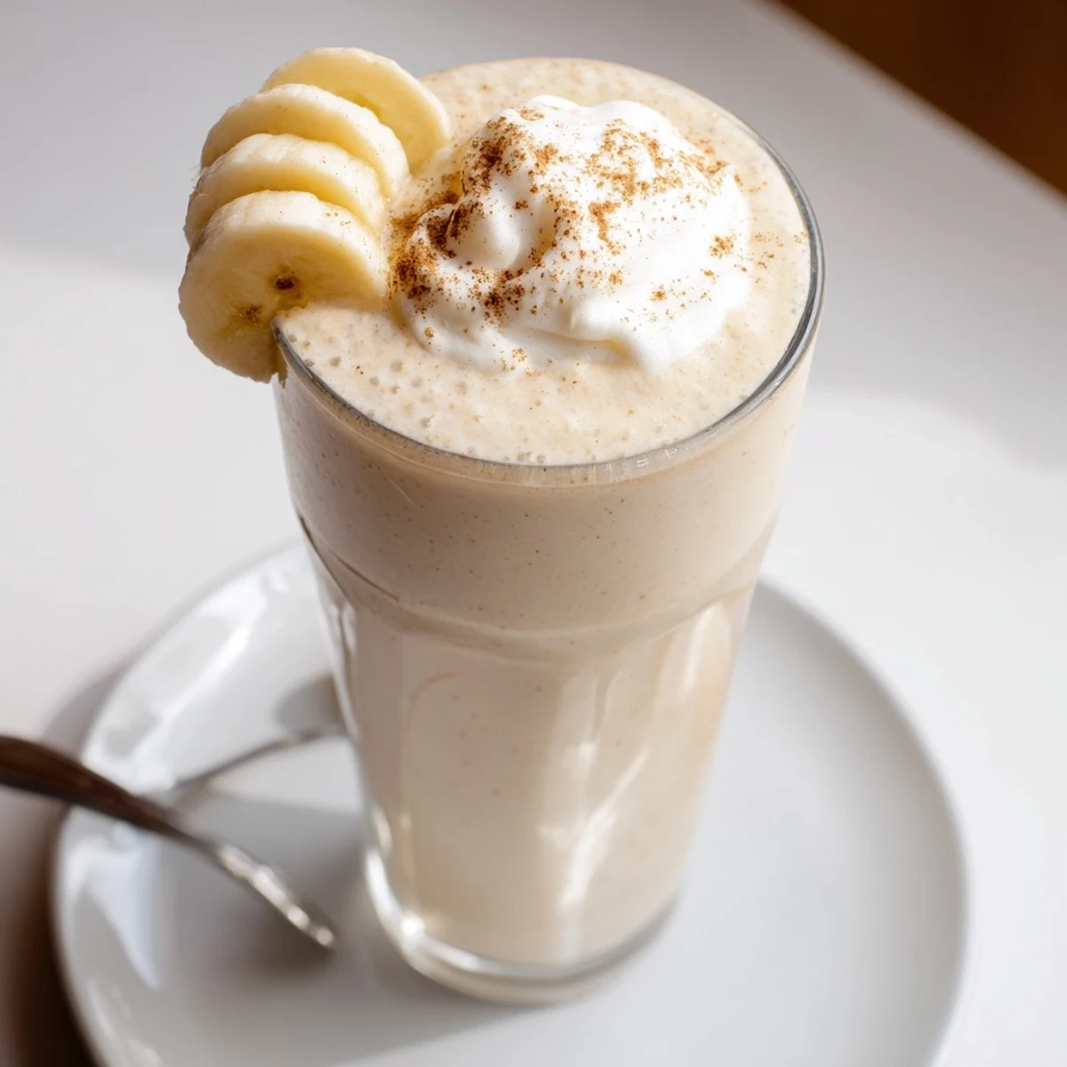 Frosty Vanilla Banana Shake poured into chilled glass, banana slice garnish