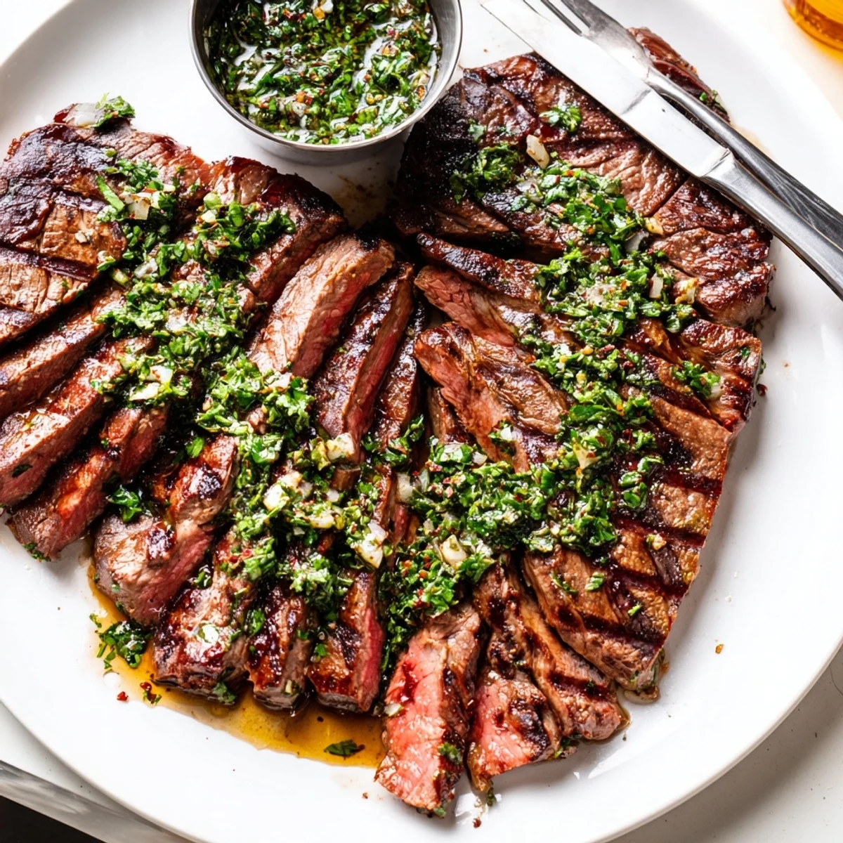 Chimichurri Steak Recipe featuring juicy grilled ribeye topped with vibrant herby sauce