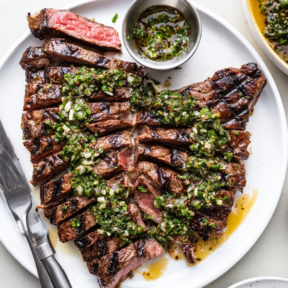 Chimichurri Steak Recipe plated with sliced medium rare steak and zesty sauce