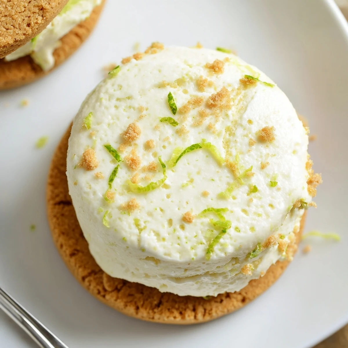 Homemade Key Lime Pie Ice Cream Sandwiches shown frozen between golden graham cookies