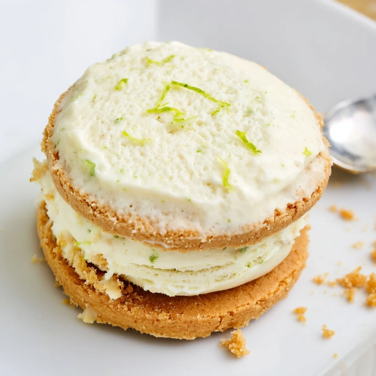 Chilled Key Lime Pie Ice Cream Sandwiches dusted with lime zest, ready for picnics