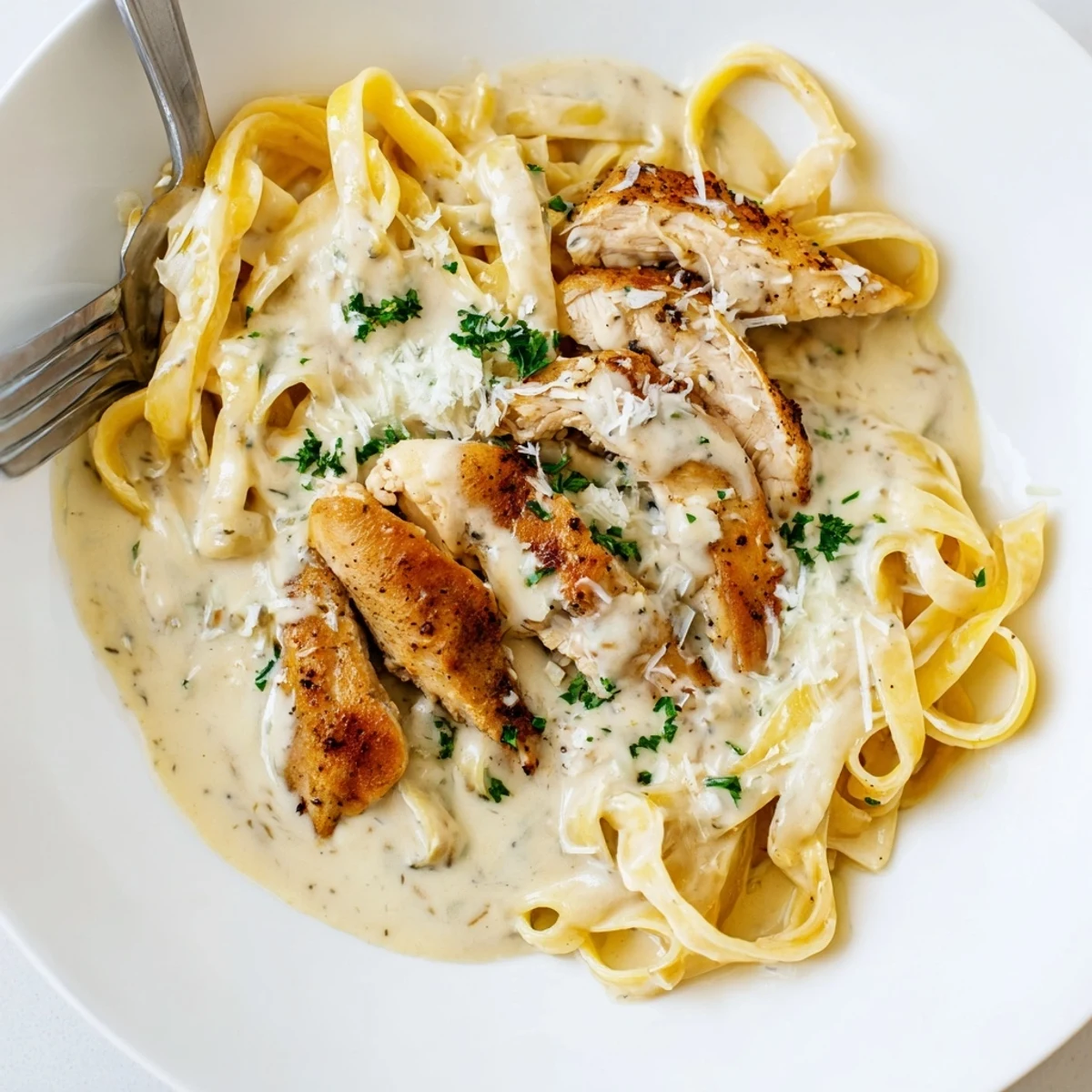 Creamy Garlic Chicken Pasta plated with parsley, steaming, silky sauce coating fettuccine