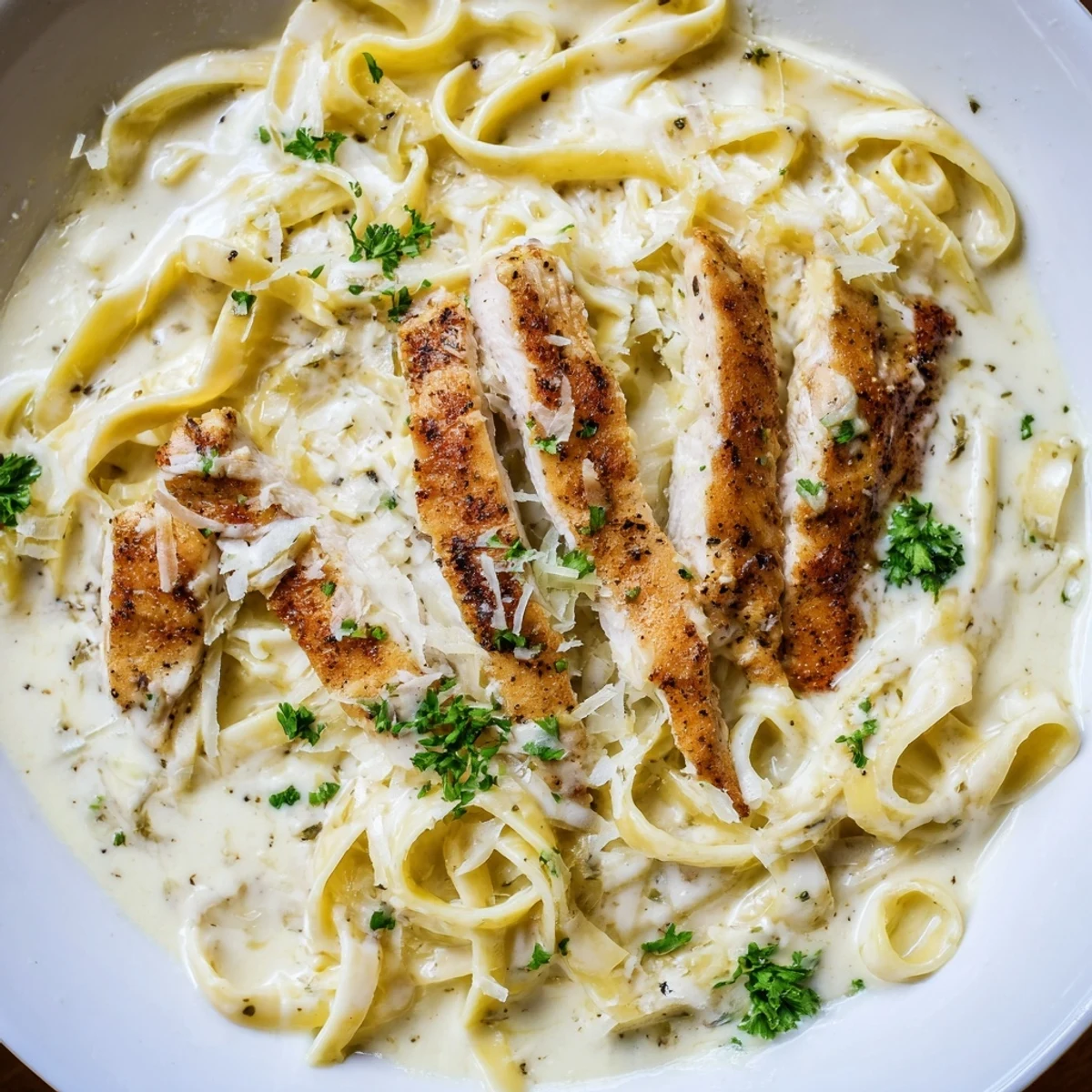 Sliced Creamy Garlic Chicken Pasta tossed with al dente linguine and parsley