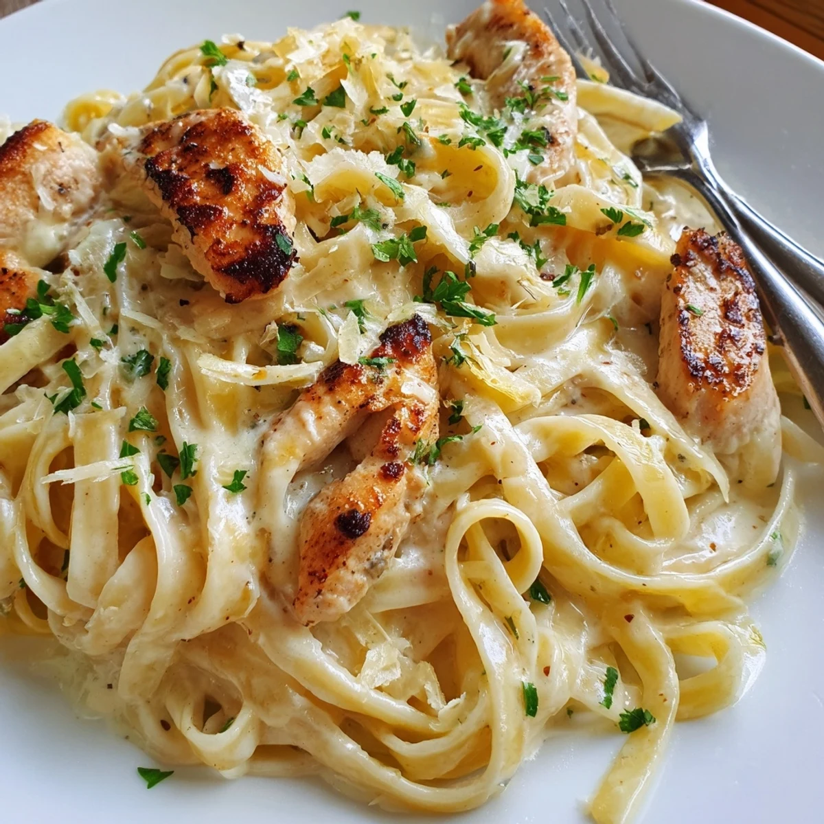 Weeknight Creamy Garlic Chicken Pasta in shallow bowl, fragrant garlic, comforting creaminess