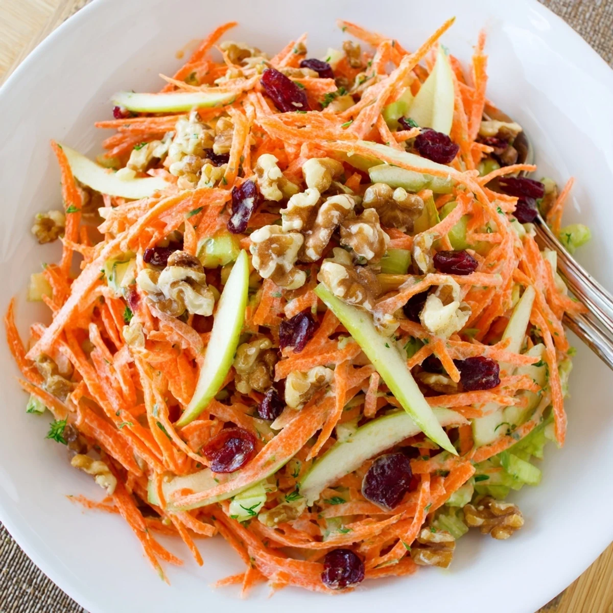 Celery, raisins, and nuts tossed into Crunchy Apple Carrot Salad With Creamy Citrus Dressing