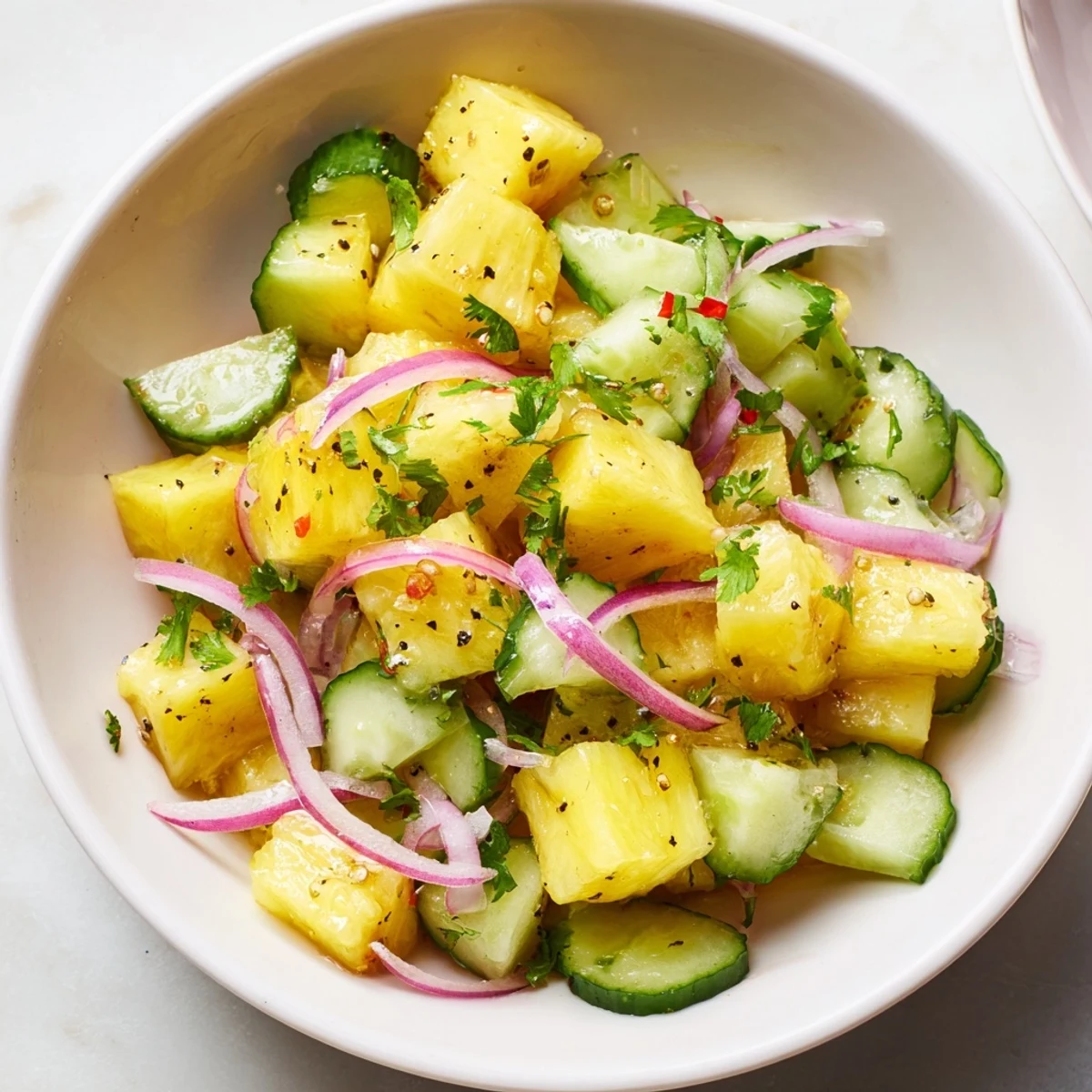 Bright Pineapple Cucumber Salad tossed in lime dressing, ready alongside grilled chicken