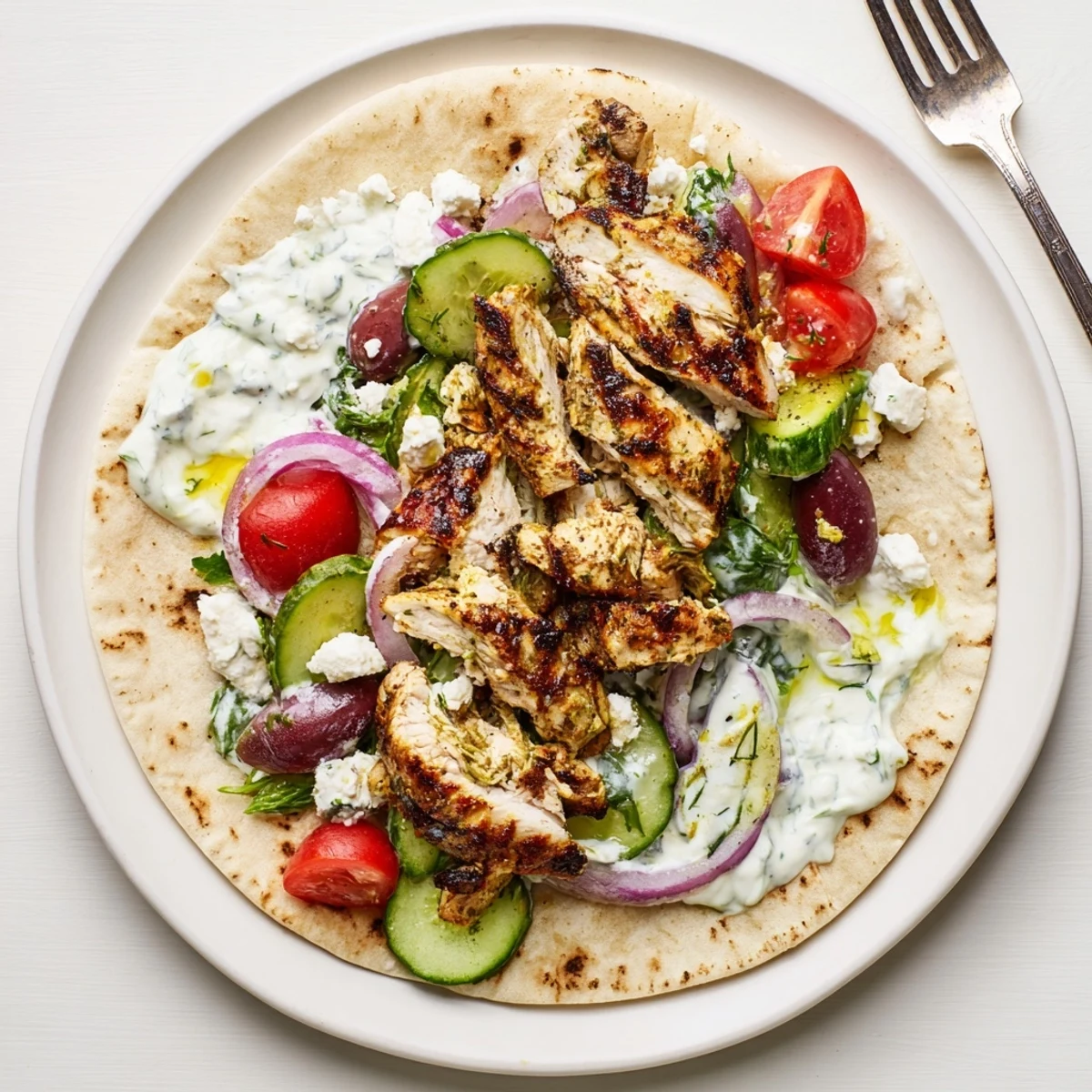 Mediterranean Chicken Pita Wraps with charred chicken, crisp cucumber, and tangy yogurt