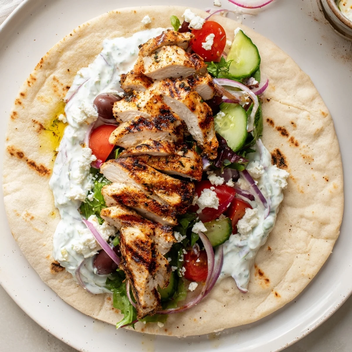 Warm Mediterranean Chicken Pita Wraps filled with feta, olives, tomatoes, and greens