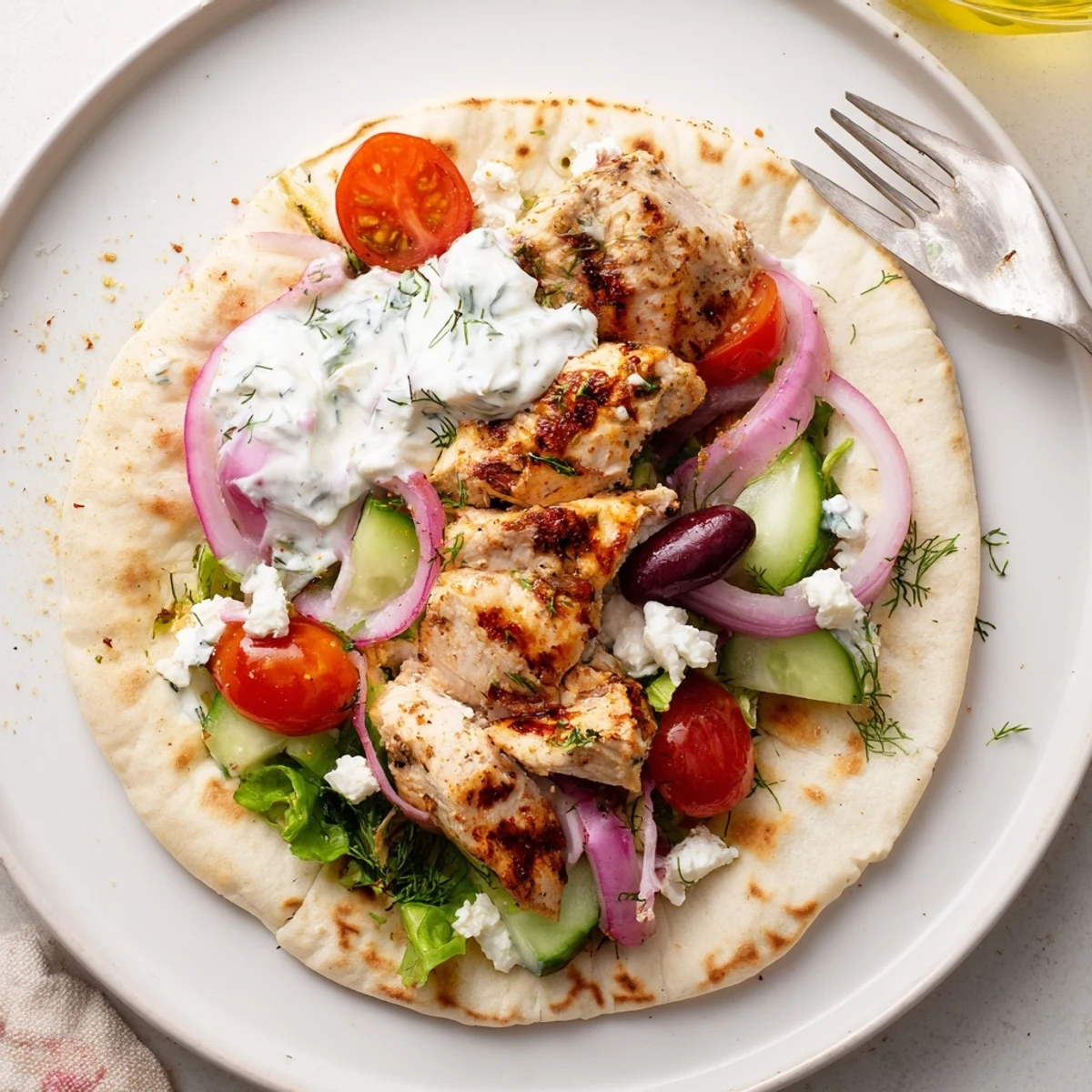 Grill-marked Mediterranean Chicken Pita Wraps drizzled with yogurt sauce, ready to serve