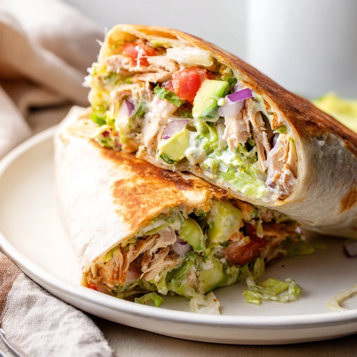 Pan-toasted Chicken Avocado Ranch Burritos with crispy tortilla, zesty dressing, cilantro
