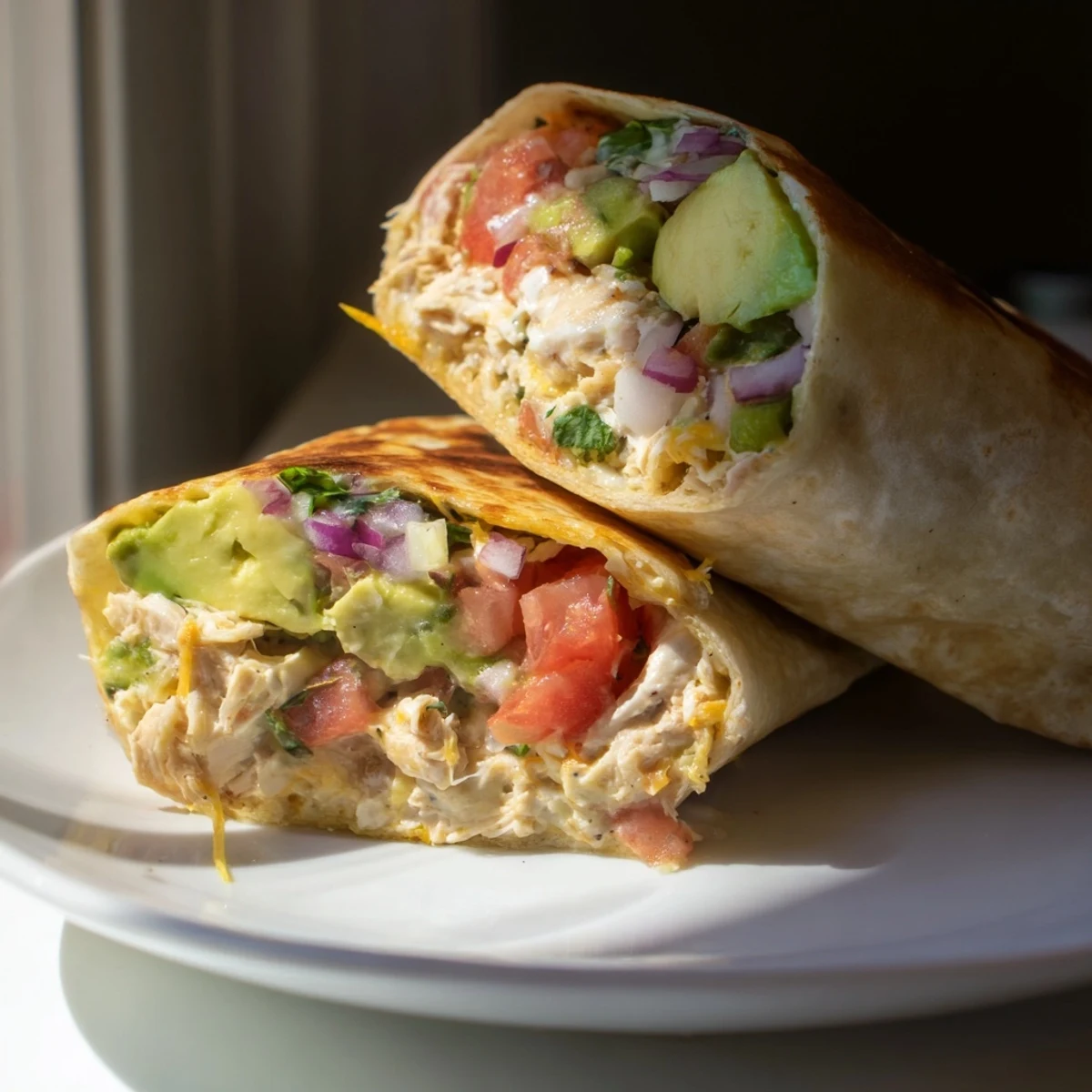 Warm Chicken Avocado Ranch Burritos sliced, showing creamy avocado and melted cheese
