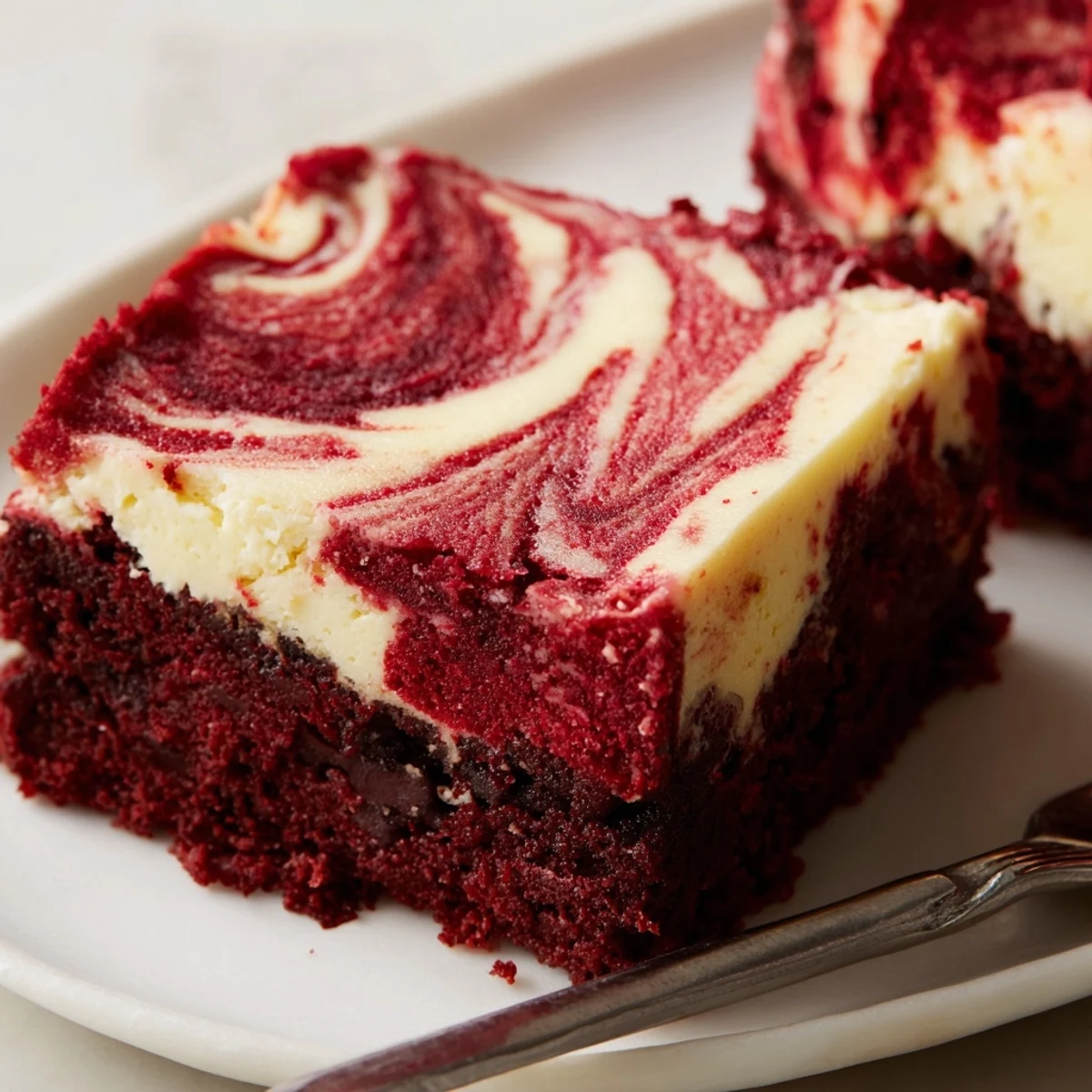 Chilled Red Velvet Brownies With Cheesecake Layer, marbled swirls and creamy texture  