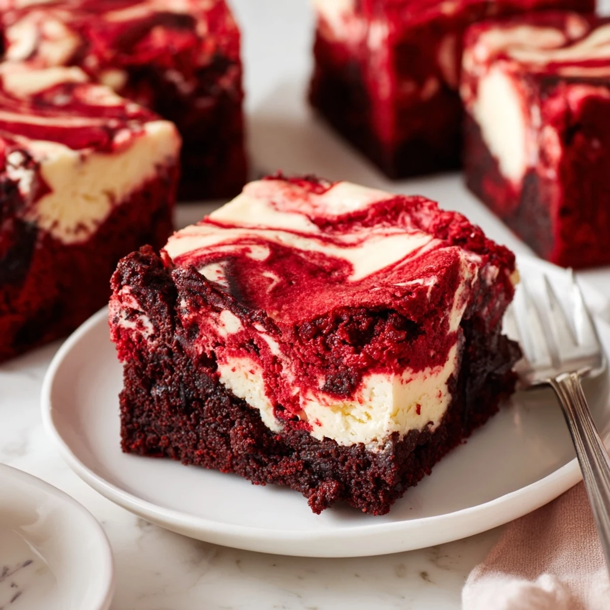 Close-up of sliced Red Velvet Brownies With Cheesecake Layer beside fresh berries  