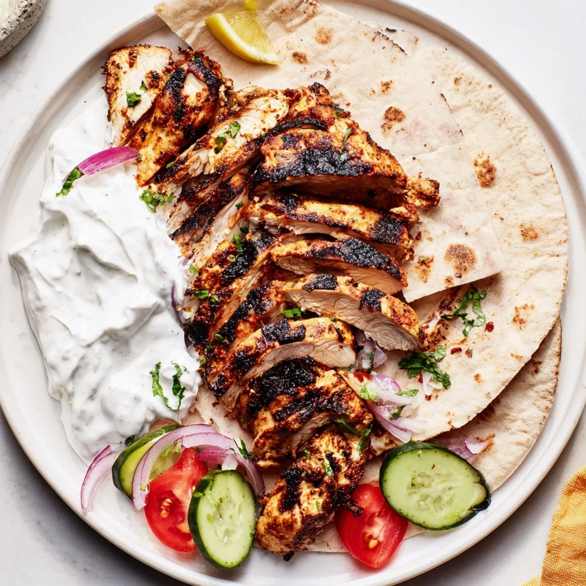 Charred, juicy Shawarma Chicken With Garlic Sauce tucked in warm pita.