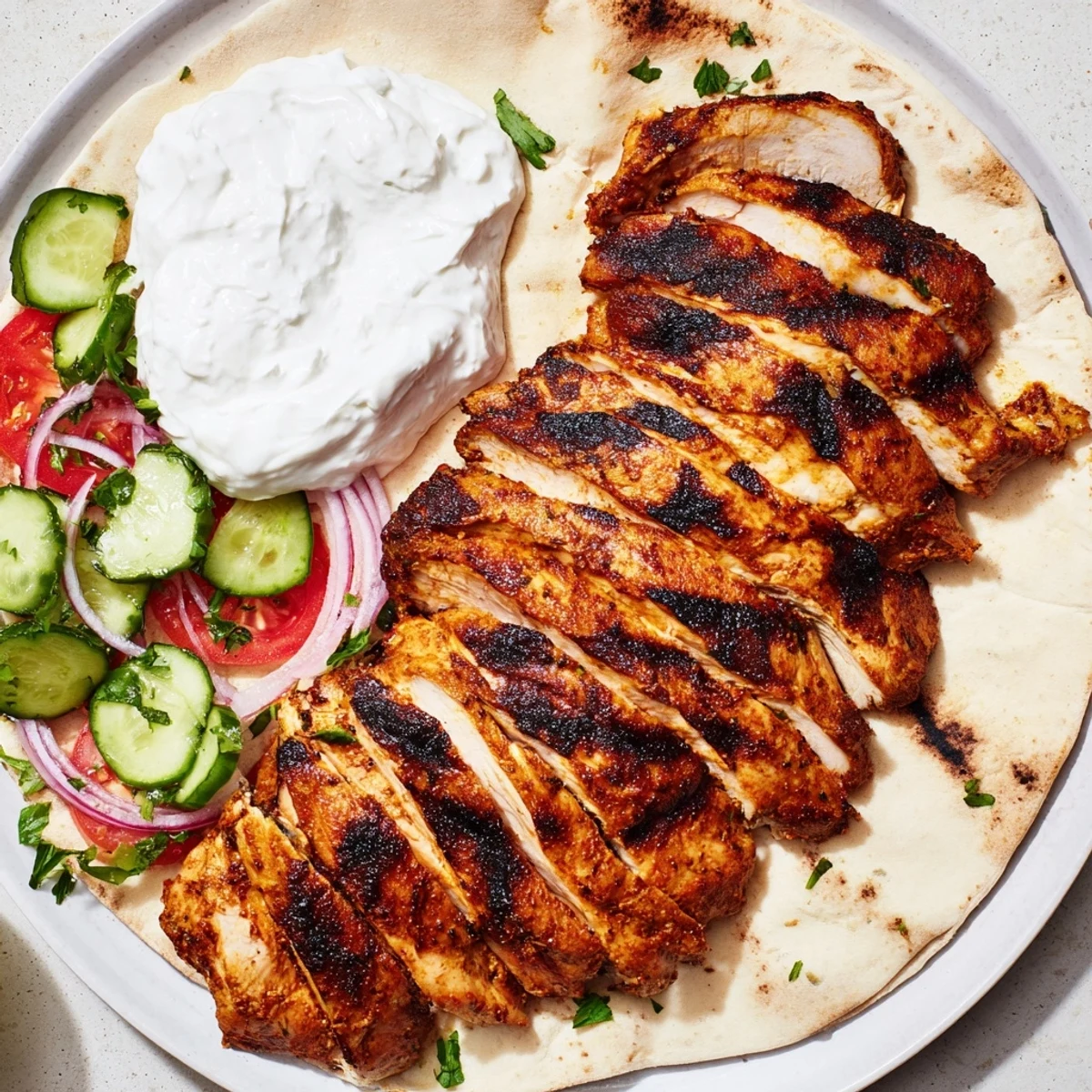 Smoky spiced Shawarma Chicken With Garlic Sauce sliced over rice with herbs.