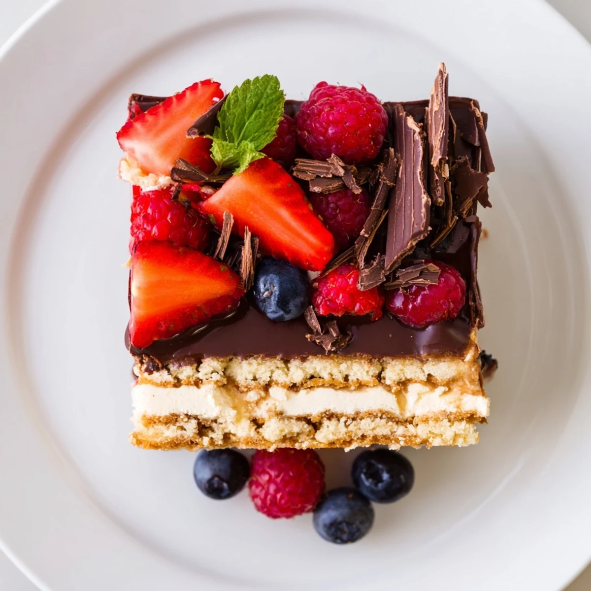 The Ultimate Dessert Recipe layered with glossy ganache, vanilla cream, fresh berries