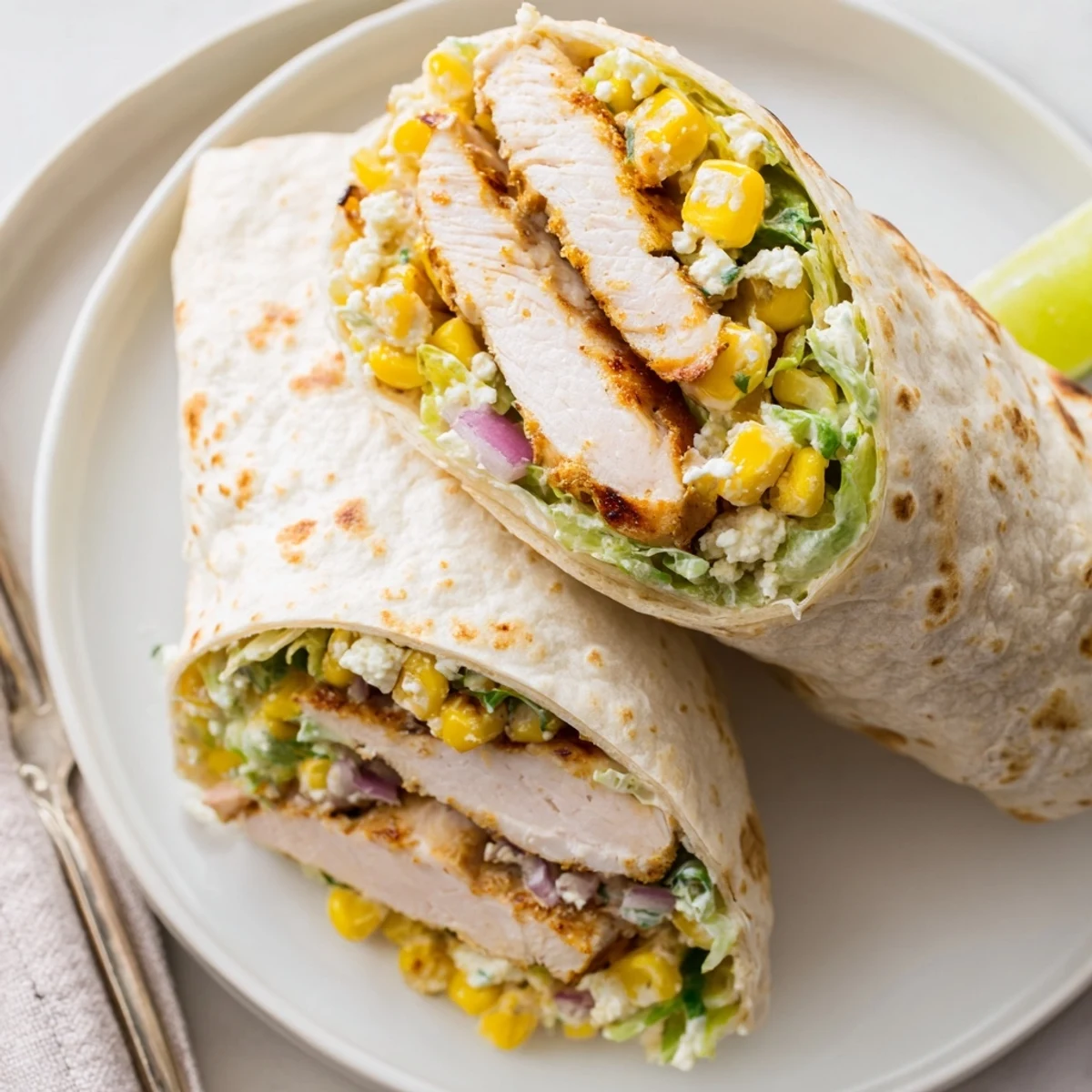 Quick Mexican Street Corn Chicken Wraps with charred corn, creamy Cotija, lime