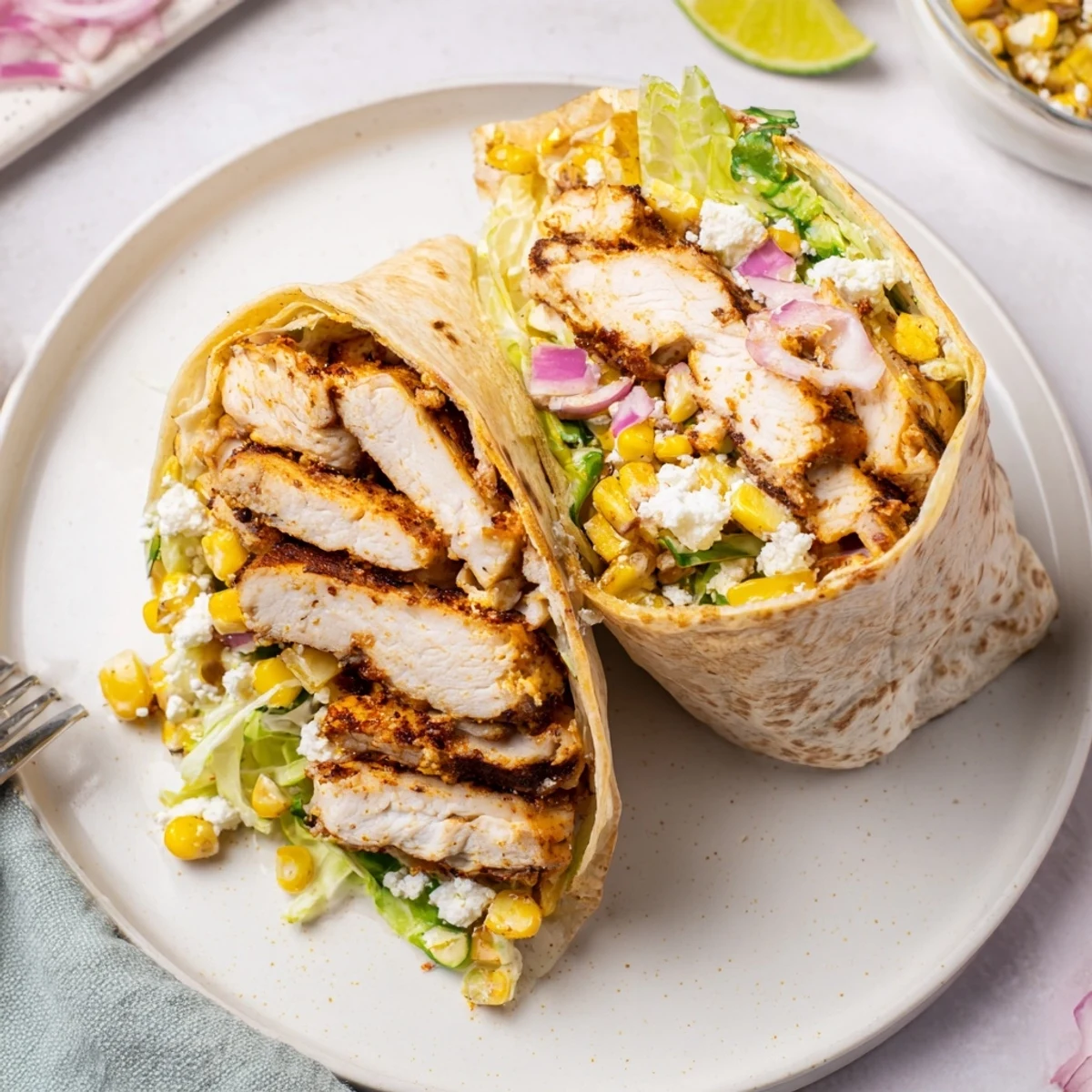 Warm Quick Mexican Street Corn Chicken Wraps filled with sliced grilled chicken