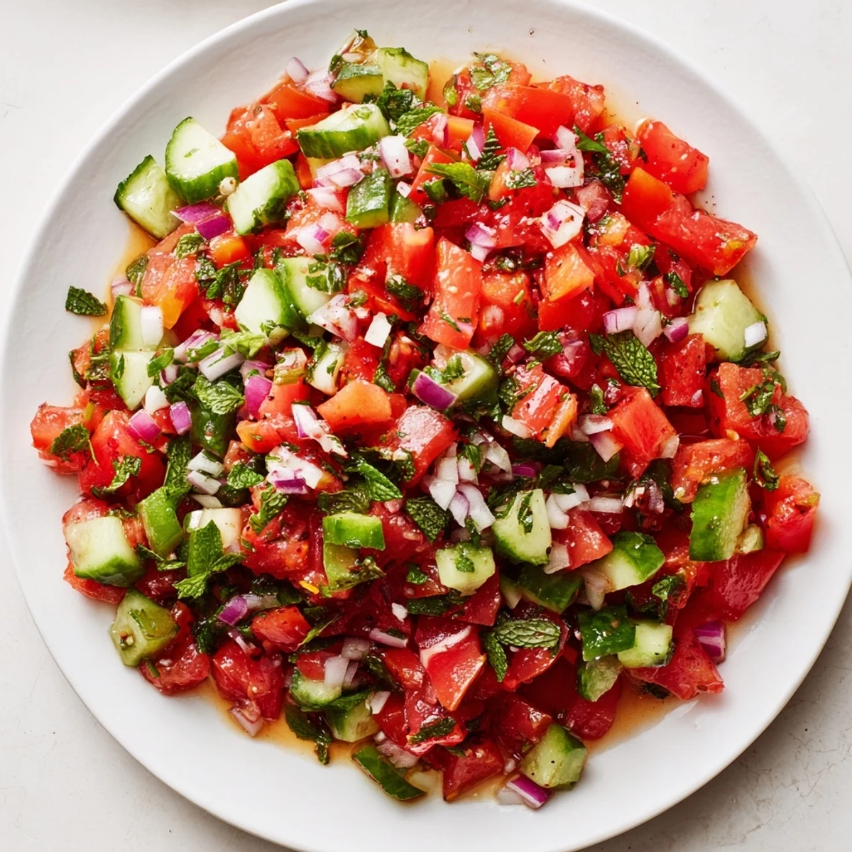 Refreshing Turkish Shepherds Salad piled on platter, sprinkled with crumbled feta.