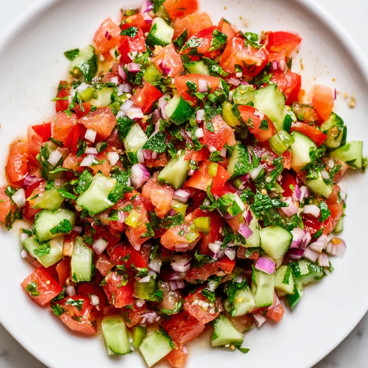 Turkish Shepherds Salad with diced tomatoes, cucumbers, and bright lemon dressing.