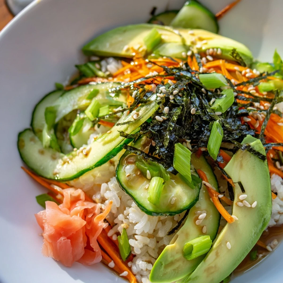 Sushi Cucumber Salad with glossy cucumbers, sushi rice, tangy-sweet dressing