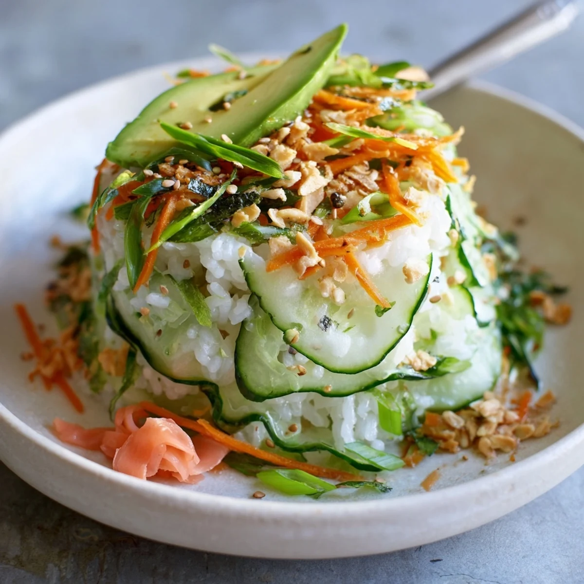 Chilled Sushi Cucumber Salad topped with nori strips and toasted sesame seeds