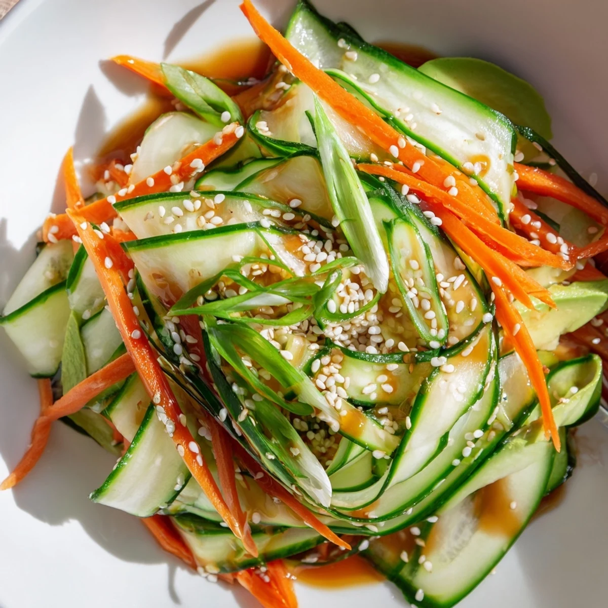 Light Sushi Cucumber Salad tossed with rice vinegar dressing, sliced avocado optional