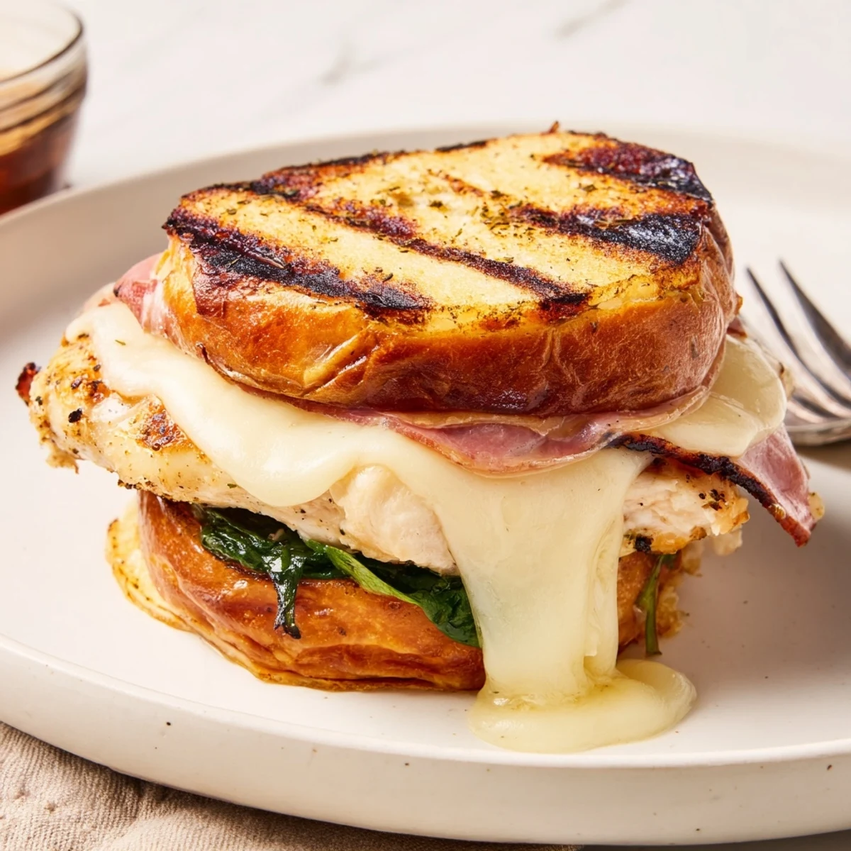 Grilled Chicken Cordon Bleu Sandwich with melty Swiss, smoked ham, buttery toasted bun