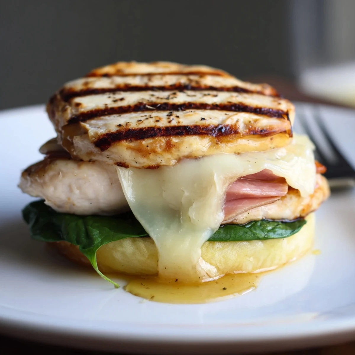 Close-up of Grilled Chicken Cordon Bleu Sandwich: juicy chicken, Dijon-honey sauce, greens