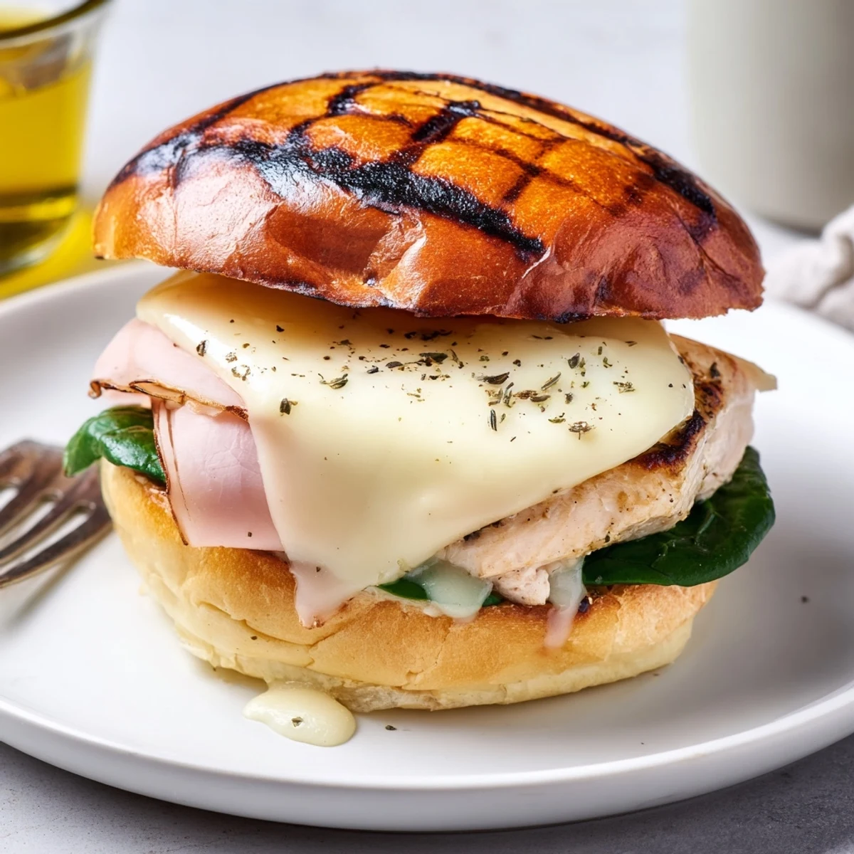 Serve hot Grilled Chicken Cordon Bleu Sandwich alongside crispy fries and tangy pickles