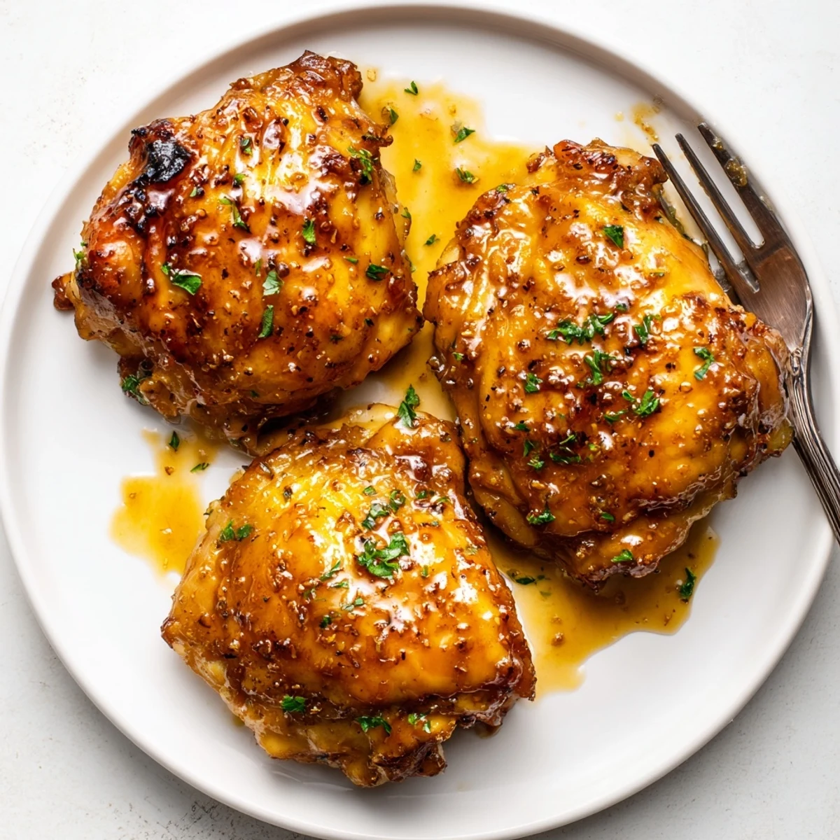 Maple Glazed Chicken Thighs sizzling in skillet, sticky amber glaze and parsley