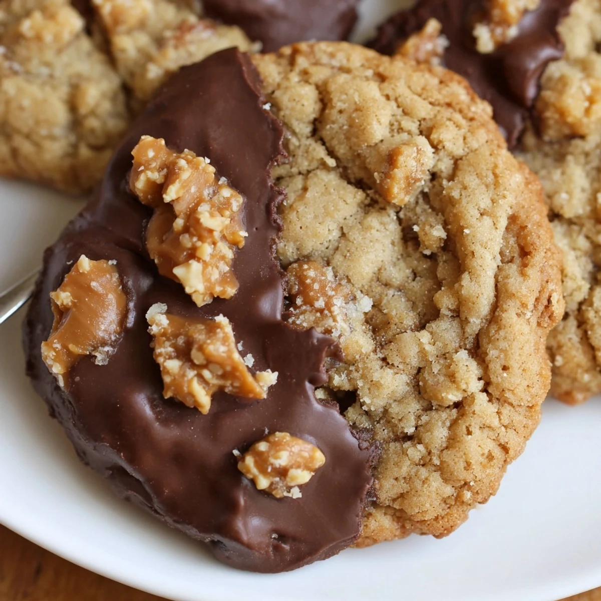 Plate of Chocolate Dipped Toffee Cookies beside milk, warm buttery aroma, satisfying crunch