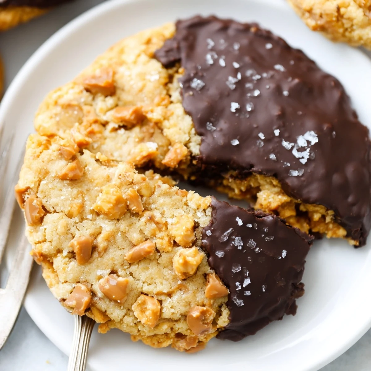 Chocolate Dipped Toffee Cookies, glossy half-coated, buttery cookie studded with crunchy bits