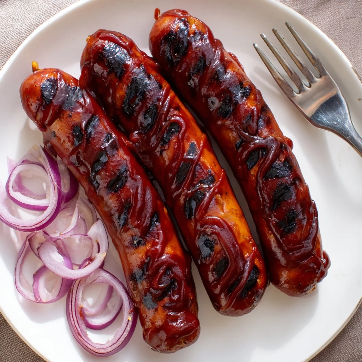 BBQ Sausage Recipe: charred, glossy links brushed with tangy sauce on grill.