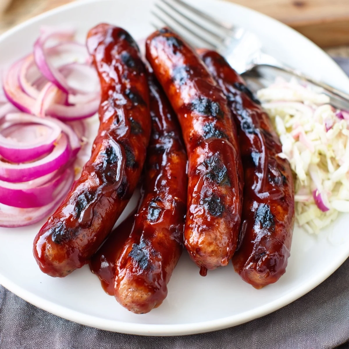 Grilled summer platter featuring BBQ Sausage Recipe with buns, pickles, and coleslaw.