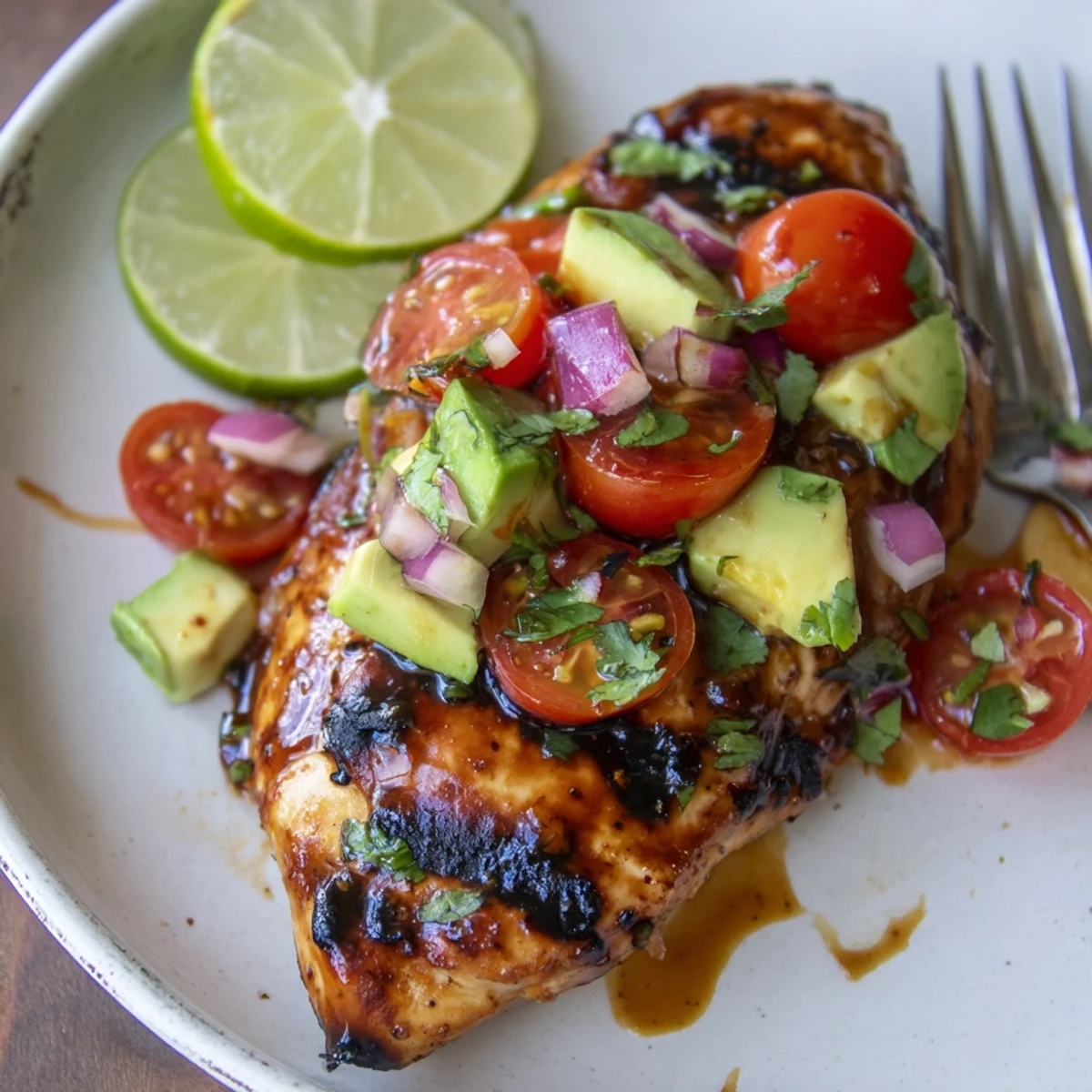Charred Fiesta Lime Chicken With Avocado served with zesty lime wedges and cilantro.