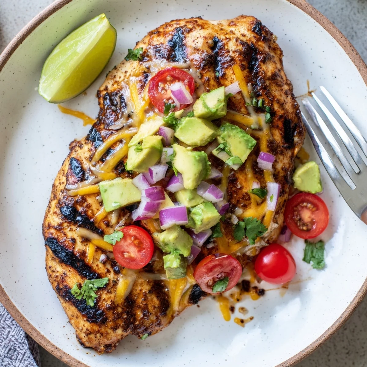 Juicy Fiesta Lime Chicken With Avocado marinated in lime, grilled, topped with tomatoes.