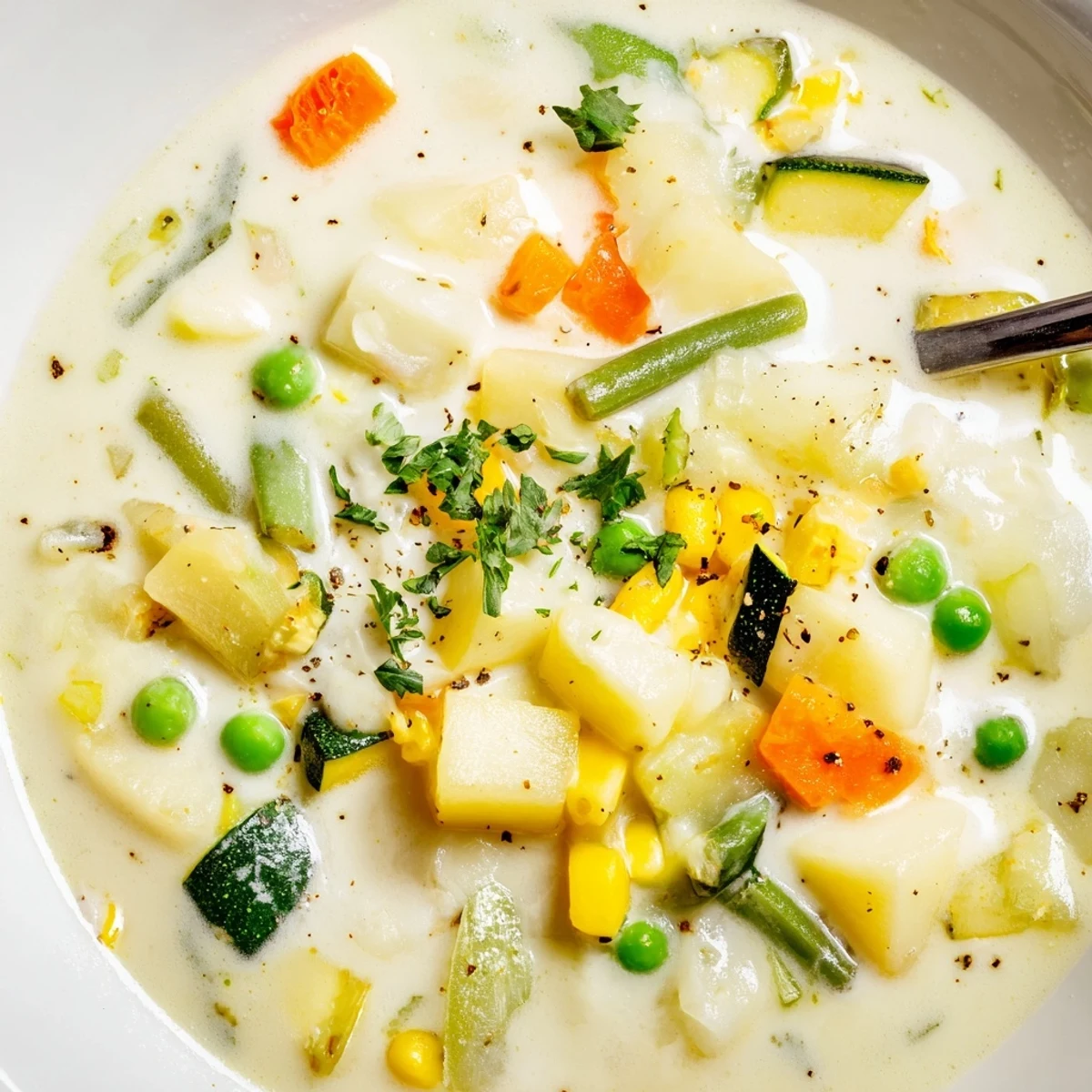 Creamy Vegetable Soup Recipe with diced vegetables visible, warm spoonful comforts