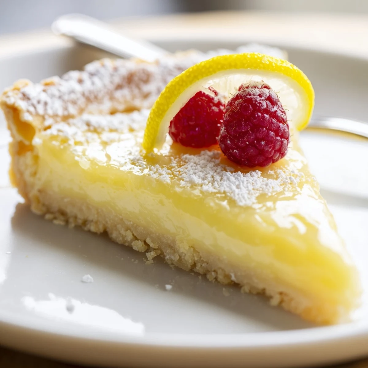 Slice of Creamy Lemon Tart Recipe on chilled plate, powdered sugar dusting.