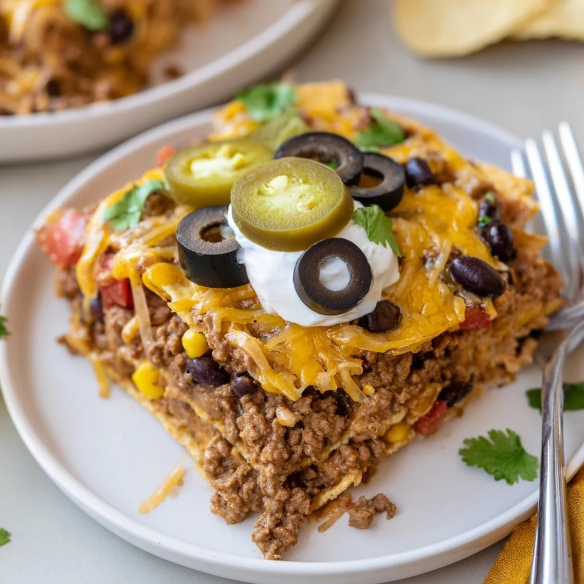 Cheesy Nacho Casserole, bubbling golden with melted cheddar, ready for game night.