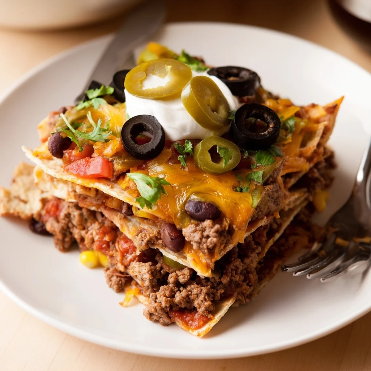 Hearty Cheesy Nacho Casserole layered with crunchy chips and seasoned beef.