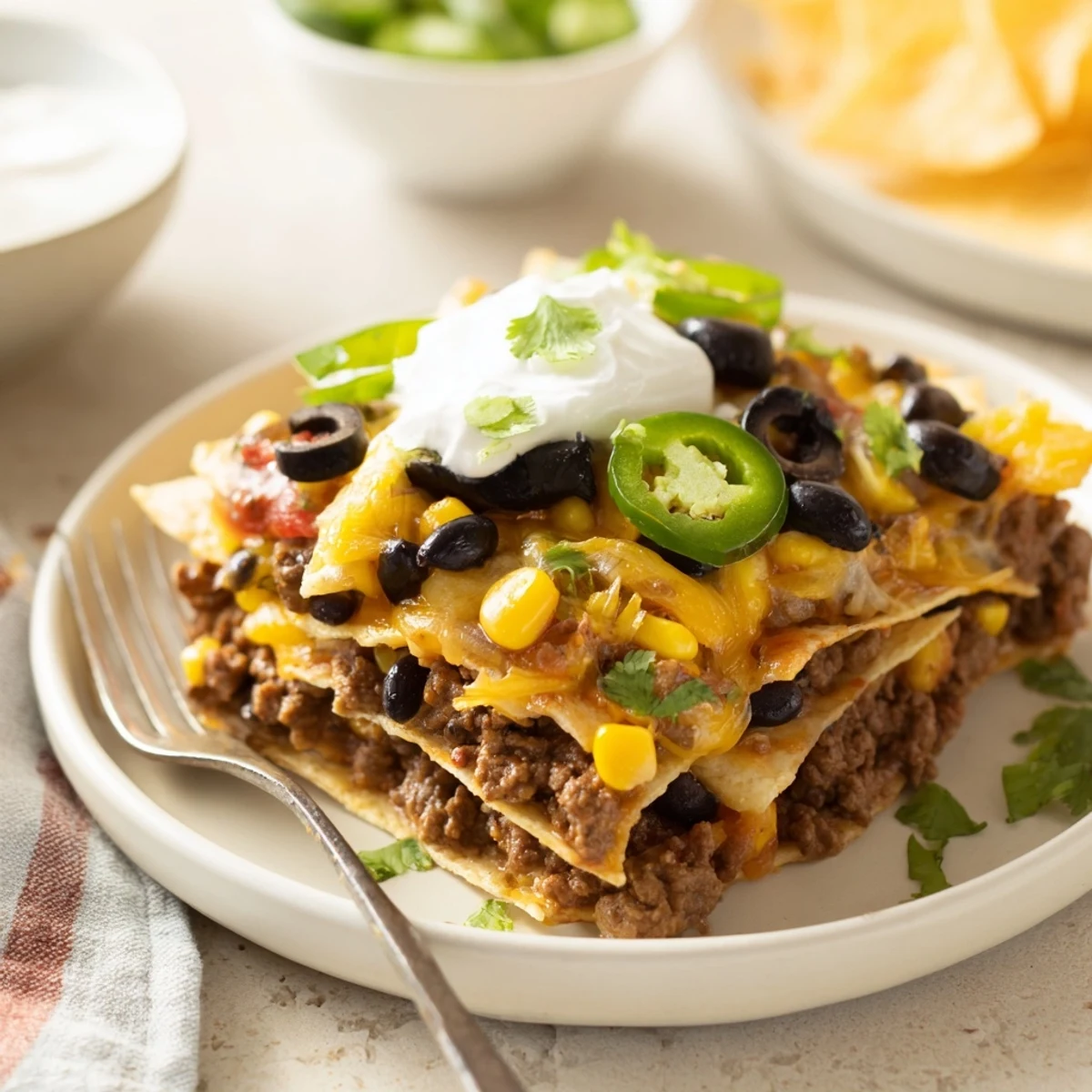 Warm Cheesy Nacho Casserole topped with sour cream, cilantro, and sliced jalapeños.